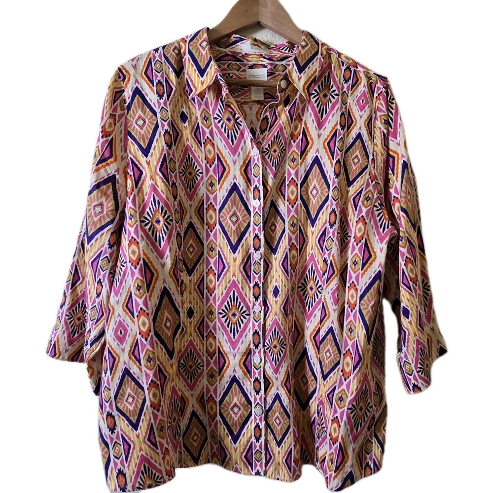 Chico's Linen Shirt Womens 3 No-Iron Ikat Diamond Pink Orange Button Down EUC